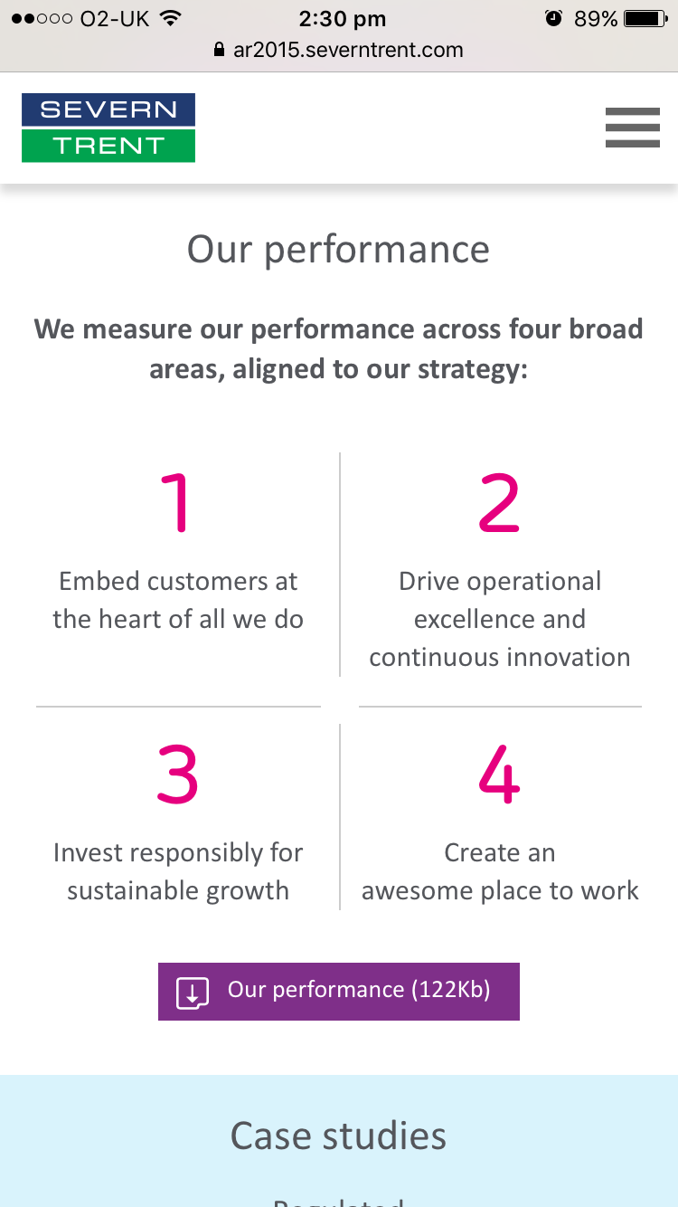 Screenshot of Severn Trent 2015 Annual Review Performance section on mobile