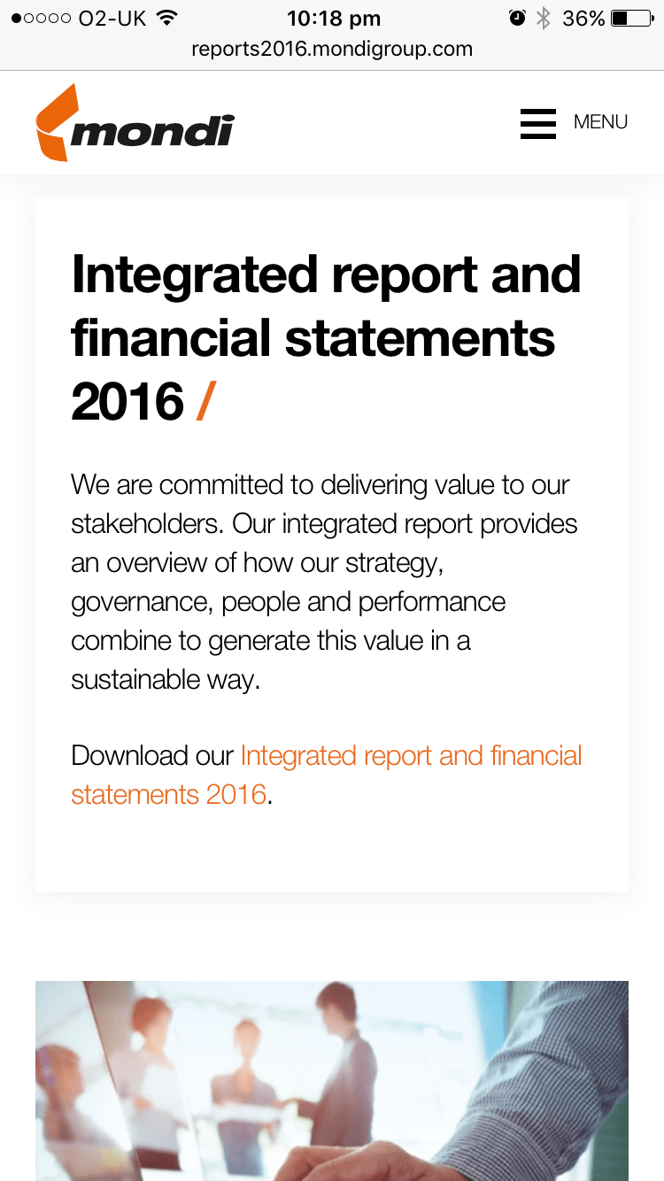 Screenshot of Mondi 2016 Reporting Hub on mobile
